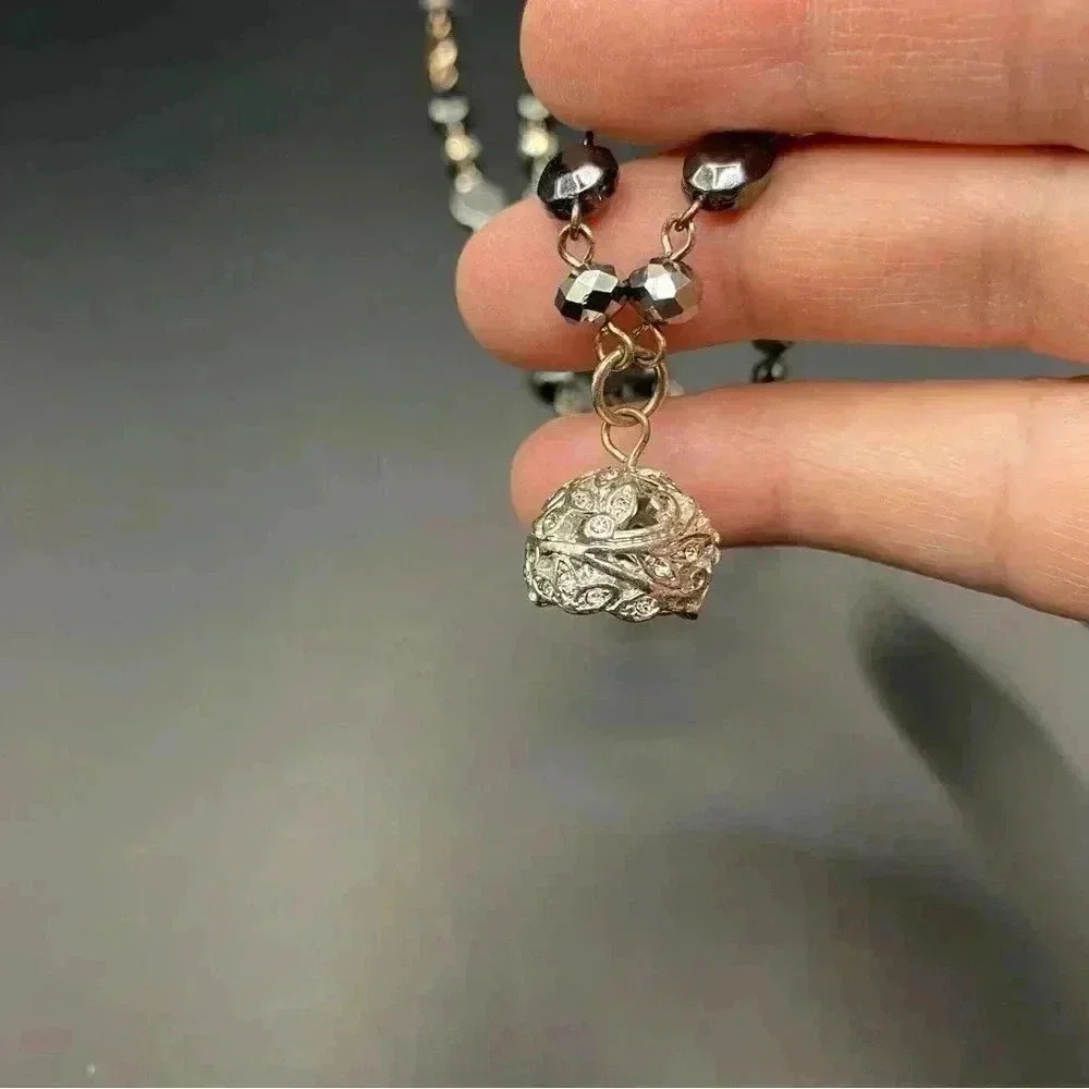 VGT Gold & Silver Black & Crystal Tones Beaded Necklace Silver-tone Bell Pendant - Picture 9 of 11